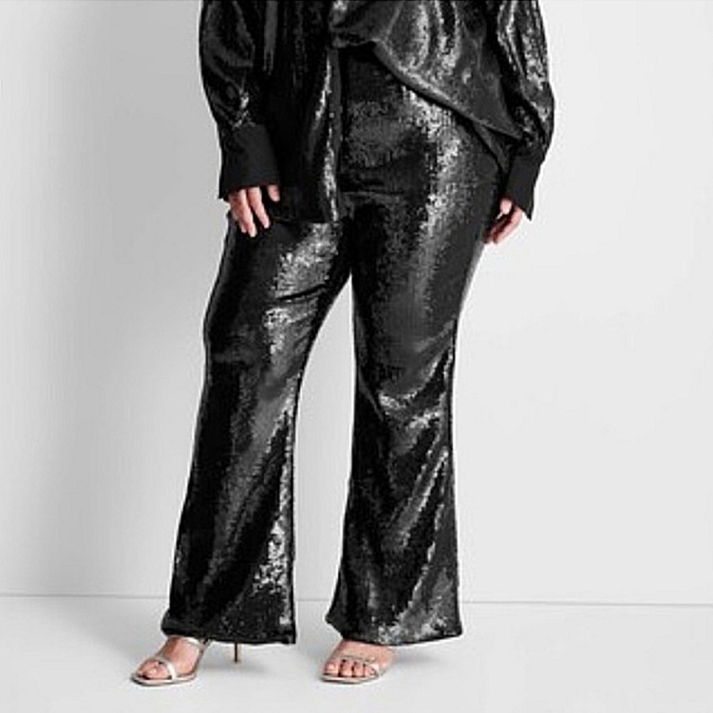 Future Collective × Kahlana Barfield Brown Black Sequin Bootcut Pants 28W 30W